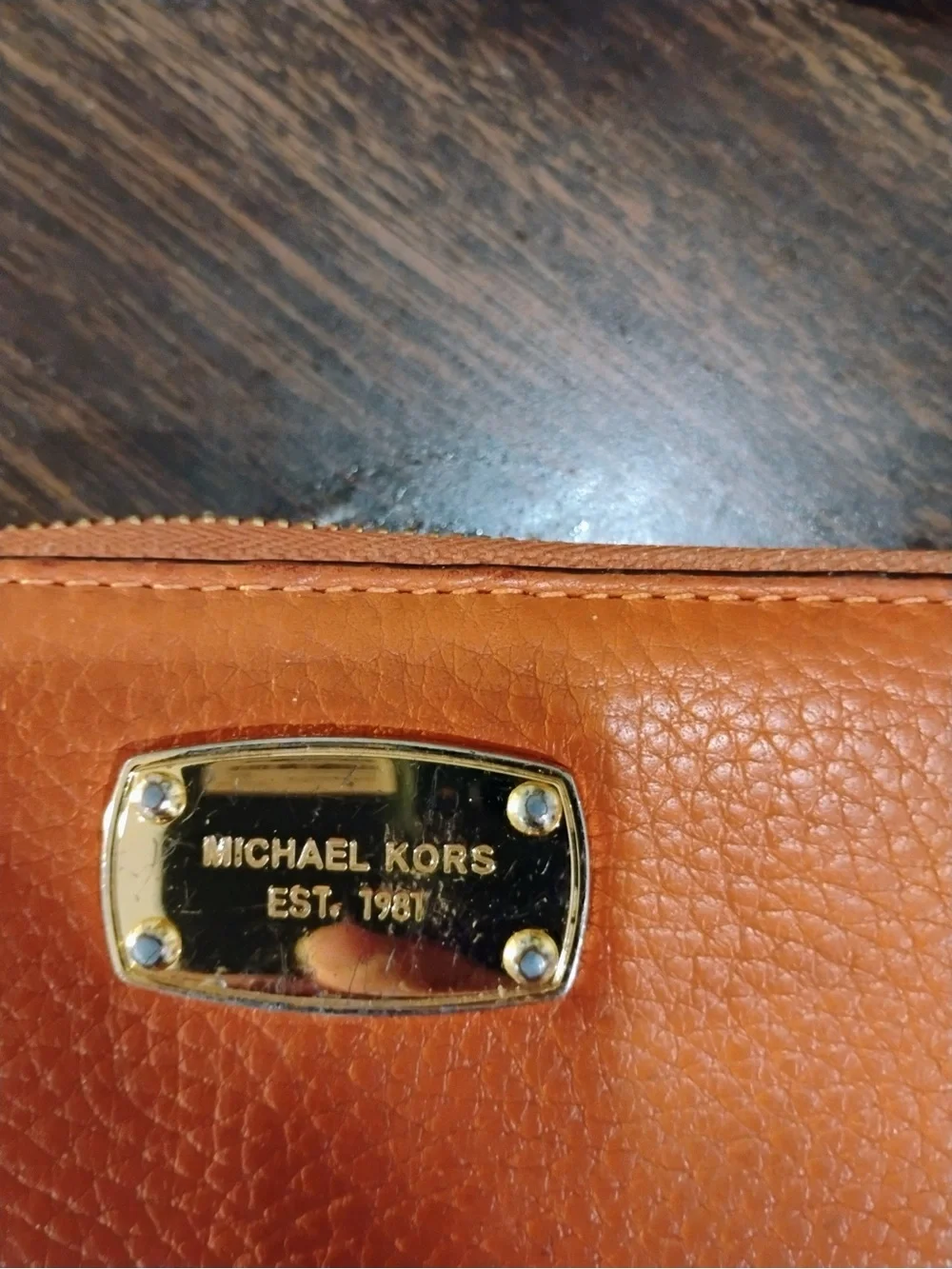 Michael Kors Brown Leather Zip Around Wallet Gold Tone Logo Plaque